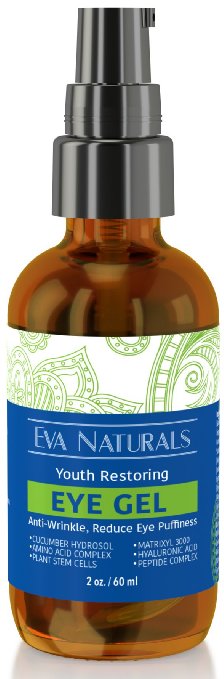 Eye Gel - Larger Size 2 oz Bottle - Best Firming Eye Cream Treatment for Dark Circles Puffy Eyes Crows Feet Wrinkles and Fine Lines by Eva Naturals 2 oz