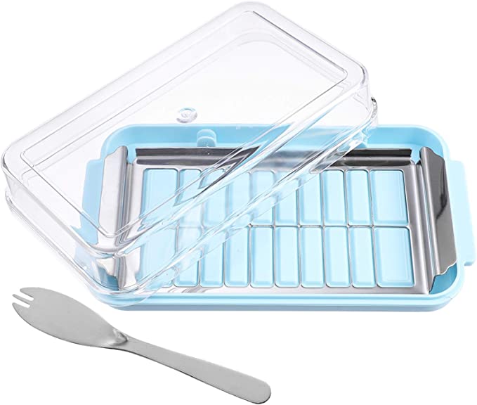 DOITOOL Butter Dish Butter Keeper with Sealed Lid and Cutter Slicer for Easy Cutting and Storage Butter Box Cheese Keeper for Refrigerate 2 in 1 Clear Butter Container Blue