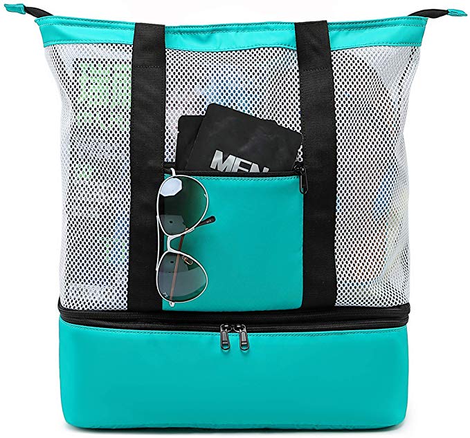 BLUBOON Mesh Beach Tote Bag with Cooler Compartment Insulated Detachable Picnic Bag and Solid Zip Closure Pool Bag Travel Tote Shoulder Bag(Green)