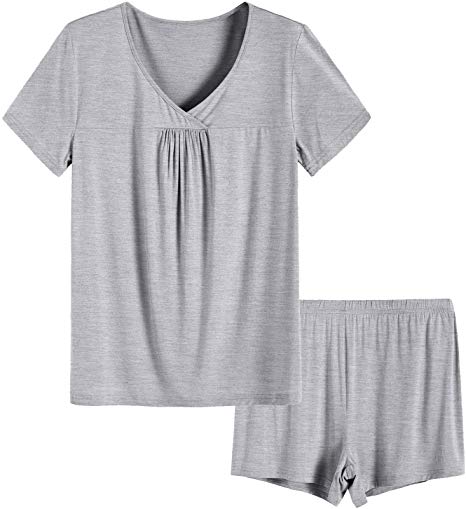 Pintage Women's Pleated V Neck Tops and Shorts Pajamas Set