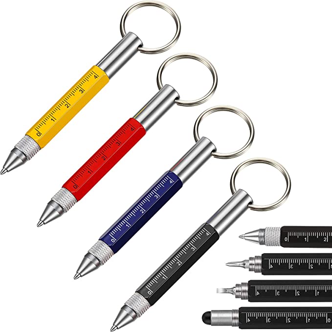 4 Pieces 6 In 1 Multitool Tech Tool Pen Key Ring Screwdriver Pen with Ruler, Two-head Ballpoint Pen Refills Metal Tool Pen for Students, Office Staff, Construction Workers, Red, Yellow, Blue, Black