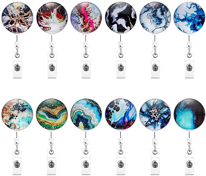 Artscope 12 Pack Retractable Badge Reel Holder, 24 inch Retractable Cord, Glass Marble Style Nurse Badge Clip, ID Name Badge Holder with Belt Clip (Style 2)