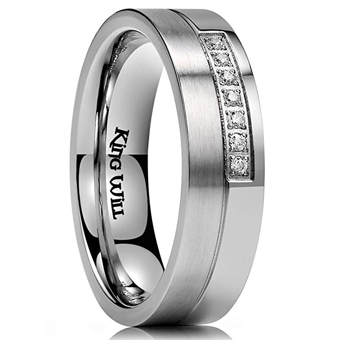 King Will GEM Mens 6mm Stainless Steel Wedding Ring Inlay With 7 Cubic-zircons Matte & Polished Unisex