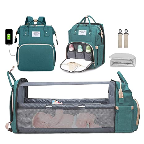 Diaper Bag Backpack, Diaper Bag with Changing Station, Large Capacity Travel Diaper Bag with Foldable Baby Bed, Travel Bassinet with USB Charging Port and Insulated Pocket, Green