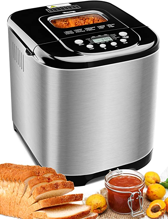 MICHELANGELO Stainless Steel Bread Machine Maker，2.2LB 15-in-1 Automatic Bread Maker Gluten Free, Nonstick Pan and 1 Hour Keep Warm Set, 3 Loaf Sizes, 3 Crust Colors, Recipes Included