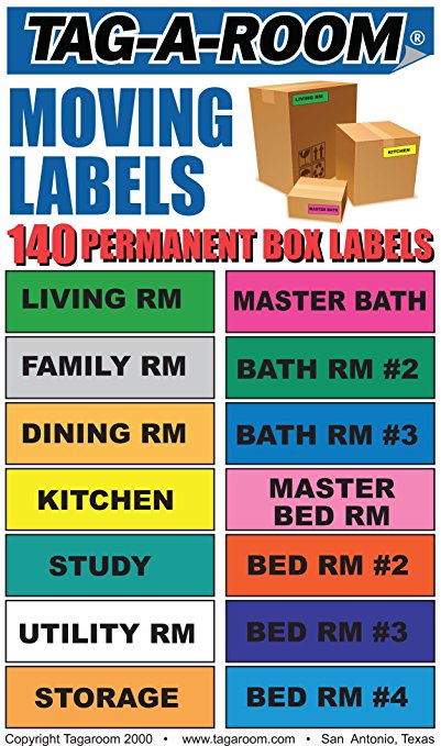 Tag-A-Room Moving Labels, 140 Count Color Coded Moving Stickers Labels, Moving Supplies 1" x 4" Each