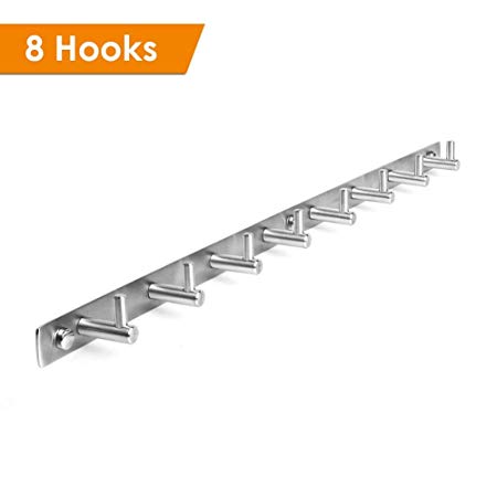 amzdeal 304 Stainless Steel Hook with 16/ 8 / 2 Hooks Wall Mounted Hanger Rack for Living Room, Bathroom,Bedroom and Kitchen ( 8 Hooks)
