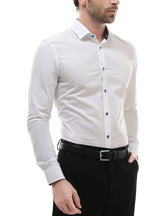 Bentibo Mens White Long Sleeve Button Down Casual Dress Shirt Classic Fit