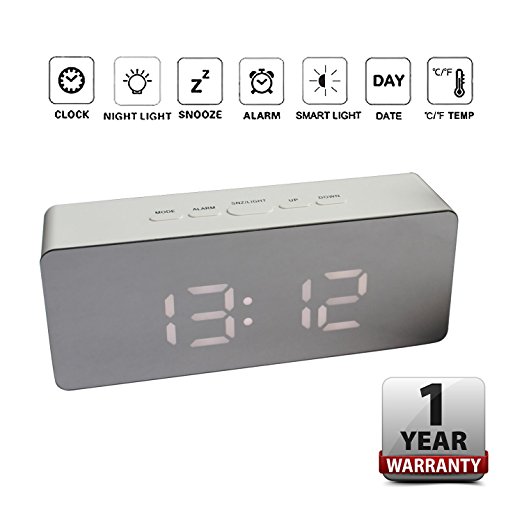 Alarm Clock Large Digital LED Display Portable Modern Battery Operated Mirror Clock USB Powered Smart Snooze Multi-function Time Date Month Temperature Fits for Office Bedroom Dormitory Travel White