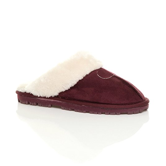 Womens ladies flat low heel winter fur lined slip on luxury mules slippers size