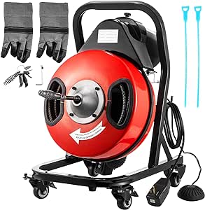 VEVOR 50FT x 1/2Inch Sewer Snake Cleaning Machine on 4 Wheels Electri Drain Auger with 4 Cutters & Foot Switch for 1''-4'' Pipes, Red, Black