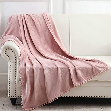NordECO HOME Flannel Throw Blanket - Soft Cozy Warm Blanket with Pompom Fringe for Couch Bed Sofa Chair, 50" x 60", Pink