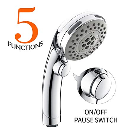 HOMELODY Shower Head High Pressure with ON/OFF Pause Switch Setting,Universal 5-Sprays Water Saving Handheld Showerhead for Bathroom Pet and Garden Chrome