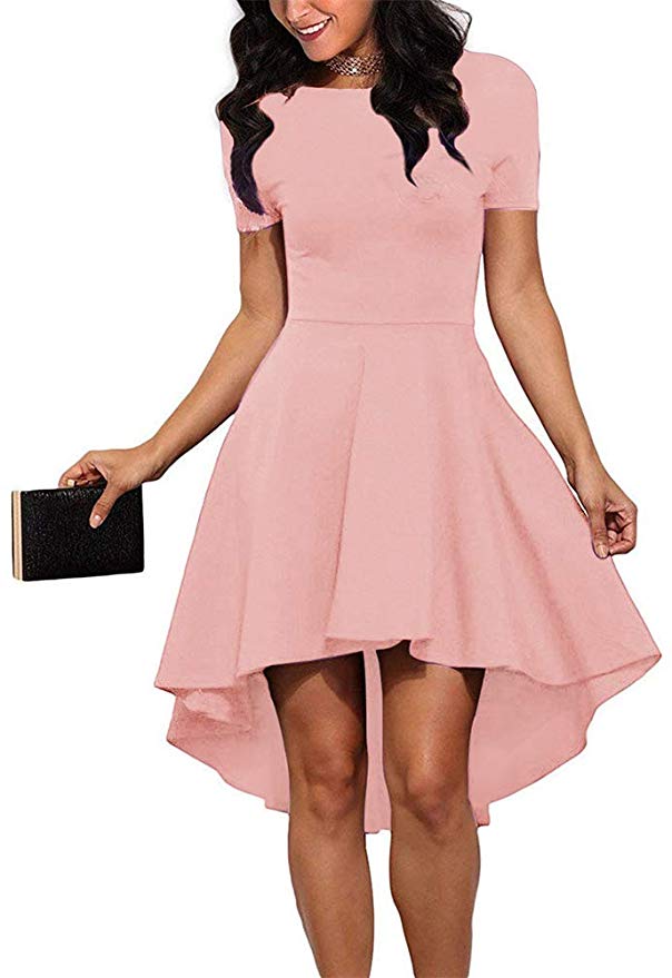 ReoRia Womens Scoop Neck Short Sleeve High Low Cocktail Skater Dress