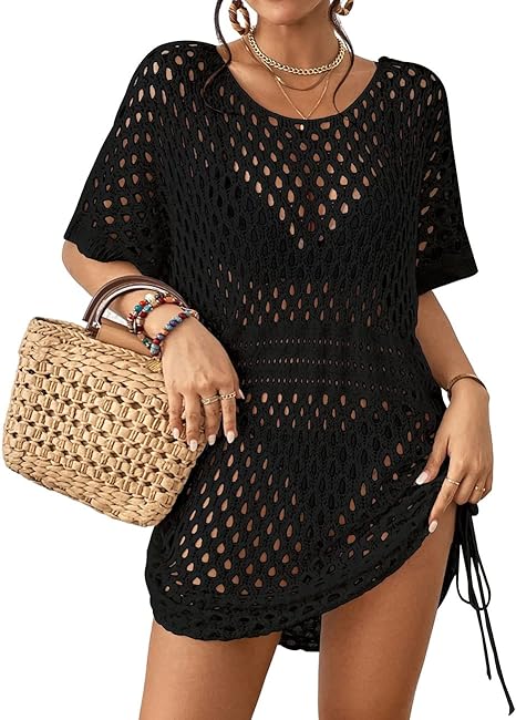 Bsubseach Crochet Cover Ups for Women Hollow Out Knit Bikini Swimwear Swimsuit Cover Up Beach Dress with Drawstring