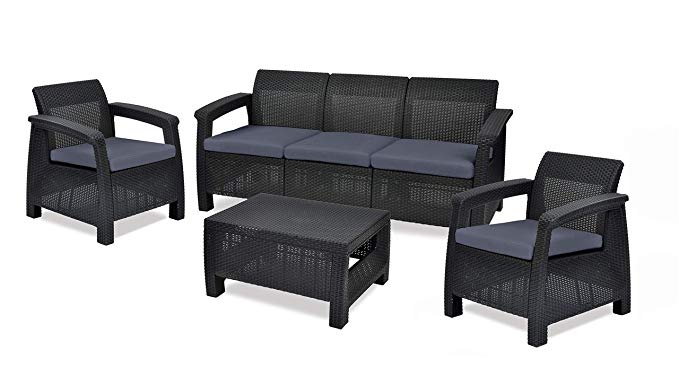 Keter Corfu Outdoor 5 Seater Rattan Sofa Furniture Set with Accent Table, Graphite with Grey