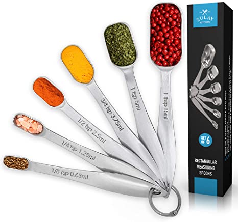 Heavy Duty Stainless Steel Measuring Spoons with Slim Design for Narrow Spice Jars, 6 Piece&nbsp;Measuring Spoons Stainless Steel with Etched Markings &&nbsp;Removable Clasp, Teaspoon Measuring Spoon, By Zulay