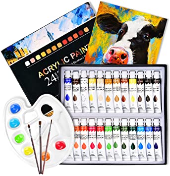 TOPELEK 29pcs Acrylic Paint Set, 24 Colors, 3 Paintbrushes, 1 Palette, 1 Canvas,Perfect for Canvas, Wood, Ceramic, Fabric etc, Good Blending & Rich Pigments for Beginner, Professional, Students