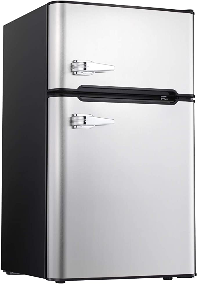 Tavata 3.2 Cu Compact Refrigerator Double Door Mini Fridge with Top Door Freezer,Small Drink Chiller for Home, Office,Dorm or RV (Silver)