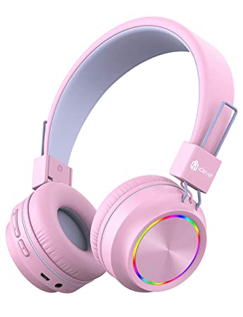 iClever Bluetooth Wireless Over Ear Headphones for Girls, Kids Headphones with Mic, Children Headphone for Kids School/Tablet/Laptop Stereo Sound Colorful LED Lights Bluetooth 5.0, Foldable, Pink