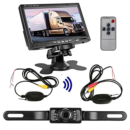 LeeKooLuu RC 9V-24V Wireless Rear View Backup Camera and 7" TFT LED mirror Monitor Kit for Car / Vehicle / Truck / Van / Caravan / Trailers / Camper,Waterproof, Night Vision, Distance Scale Lines