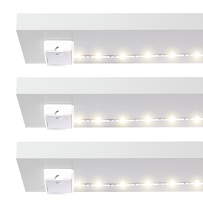 Luminoodle Click 3-PACK - Warm White 1 meter Battery Powered Tap Light Strip for Closet, Pantry, LED Shelf Lighting - Wireless Stick Anywhere Adhesive String Push Lights - Warm White (2700K)