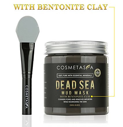 Dead Sea Mud Mask with Bentonite Clay, 8.8 oz., with Silicone Facial Mask Applicator Brush : Blackhead Remover & Pore Cleansing Mask for Minimizing & Purifying : 100% Natural, Paraben & Sulfate Free