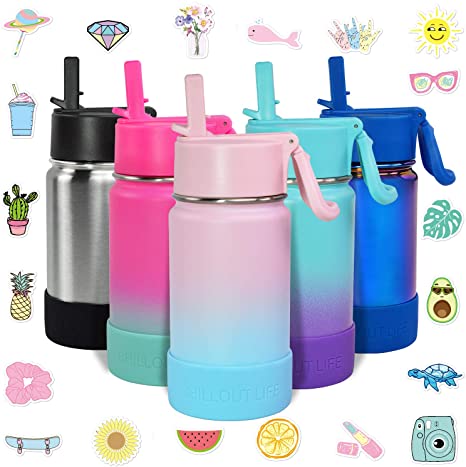 CHILLOUT LIFE 12 oz Insulated Water Bottle with Straw Lid for Kids   20 Cute Waterproof Stickers - Perfect for Personalizing Your Kids Metal Water Bottle