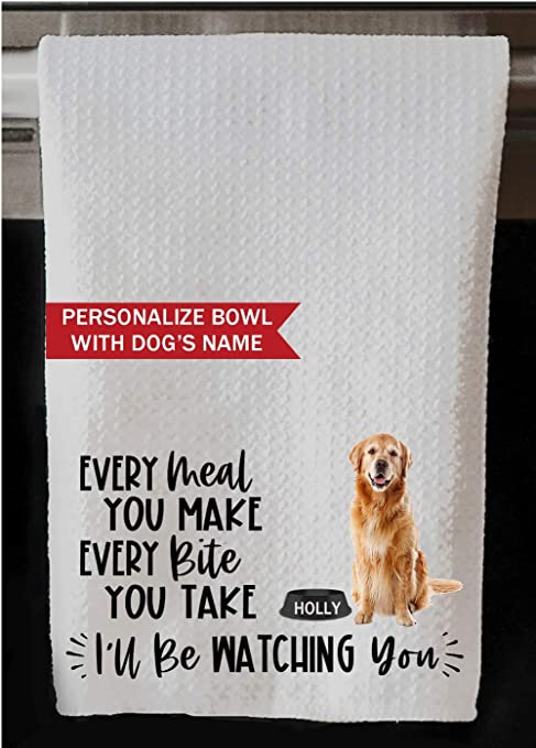 The Creating Studio Personalized Golden Retriever Every Meal You Make Every Bite You Take I'll Be Watching You Waffle Weave Kitchen Towel, 16"x24"… (Golden Retriever with Name on Bowl)