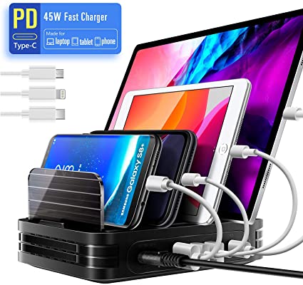 USB C 45W PD Charging Station, 48W 4-Port USB Charger Dock with QC 3.0 Port, Fast Charging Hub with AirPods iWatch Stand for Multiple Devices, MacBook, Tablet, Phone, Kindle and Other Electronics