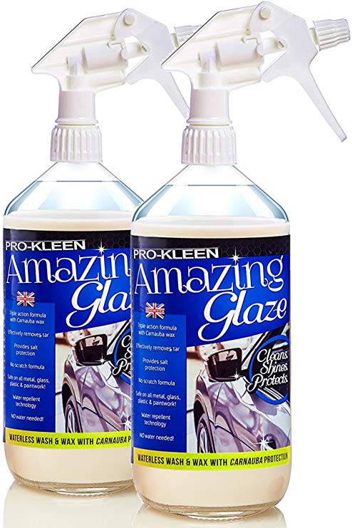 Pro-Kleen Amazing Glaze Waterless Wash & Wax with Carnauba | Cleans, Shines & Protects Your Car | Reveals a Polished, Showroom Shine (Twin Pack - 2 x 1L)