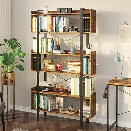 Rolanstar Bookshelf 6-Tier Bookcase, Free Standing Vintage Bookshelves with Metal Frame for Open Storage,Display and Book Organization in Living Room, Bedroom,Rustic Brown