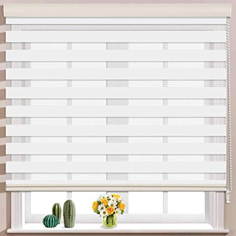 Keego Window Blinds Custom Cut to Size, White Zebra Blinds with Dual Layer Roller Shades, [Size W 47 x H 60] Dual Layer Sheer or Privacy Light Control for Day and Night
