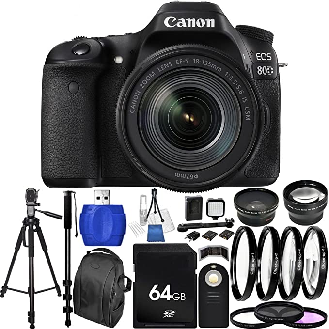 Canon EOS 80D DSLR Camera with EF-S 18-135mm f/3.5-5.6 IS USM Lens (White Box) 64GB Bundle 33PC Accessory Kit Includes 64GB Memory Card   0.43x Wide Angle Lens   2.2x Telephoto Lens   3PC Filter Kit (UV-CPL-FLD)   4PC Macro Filter Set ( 1, 2, 4, 10)   MORE - International Version (No Warranty)