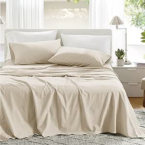 Comfort Spaces 100% Cotton Sheets Full, Breathable & Ultra Soft Cotton Sheets, Naturally Cool Cotton Bed Sheets with 14" Elastic Pocket Fits up to 16" Mattress, All Seasons Sheet Set, Cream 4 Piece