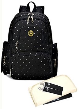 Baby 16 Pockets Waterproof Durable Fabric Travel Backpack Diaper Bag with Insulated Bottle Pouch 3 Pieces Set (Black Dot)