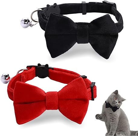 2 Pcs Velvet Cat Collar with Bell and Bowtie, Adjustable Breakaway Cat Collars Kitten Small Puppy Safety Bow Tie Solid Wedding Basic Color Cat Bow Tie Collar