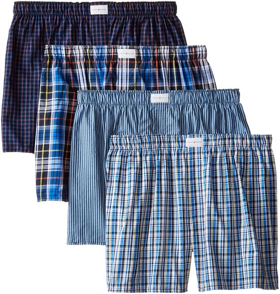 Tommy Hilfiger Men's 4 Pack Blue Plaid and Stripes Woven Boxers