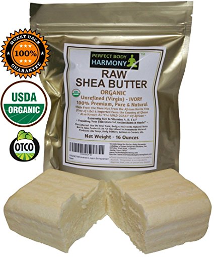 Real Certified ORGANIC RAW SHEA BUTTER, PREMIUM Unrefined African IVORY, 16.0 oz LARGE BAR in GOLD UV Protective Bag, [Also Available in 17.5 oz HUGE JAR], From Perfect Body Harmony Brand! The Best!