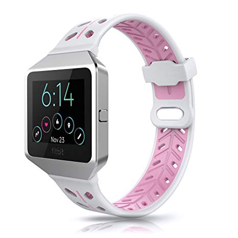 For Fitbit Blaze Bands Accessory, VODKE Silicone Ventilate Replacement Watch Band/Strap/Bracelet/Wristband With Frame For Fitbit Blaze Smart Fitness Watch Men Women Small Large (White Pink)