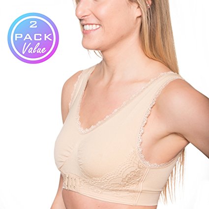 Seamless Pullover Lace Hook Front Bra – Ladies Wire free Comfort Bra - 2 Pack (2X-Large (48-50), Tan)
