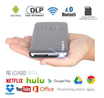 Pocket Pico Mobile Projector, Android Operating System, Netflix, Hulu & Google Play Store Apps, FREE 32GB Micro SD, 1080p HD Internet TV, 100 Ansi Lumens, WiFi   Bluetooth