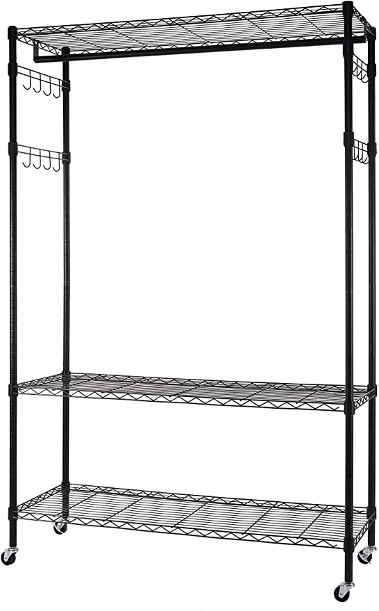 Finnhomy Heavy Duty Wire Shelving Garment Rack with Wheels Rolling Clothes Rack with Shelves and 4 Pair of Side Hooks, Black