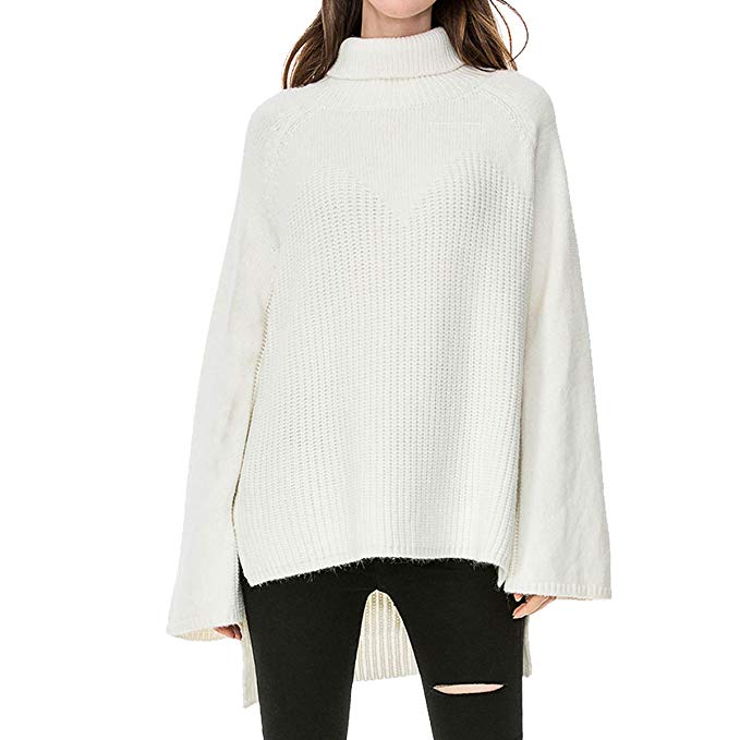 Women's Long Turtleneck Loose Flare Sleeve Cable Knit Sweater Tops Jumper White