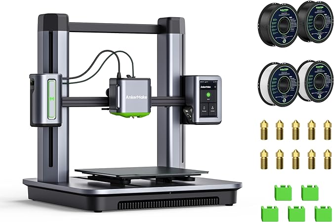 The AnkerMake M5 3D Printer Bundle Comes with 4kg of AnkerMake PLA  Filament, Including a 2-Pack Each of Black and White, as Well as 5-Pack Silicone Cover, and a 10-Pack 0.4 Nozzle Kit