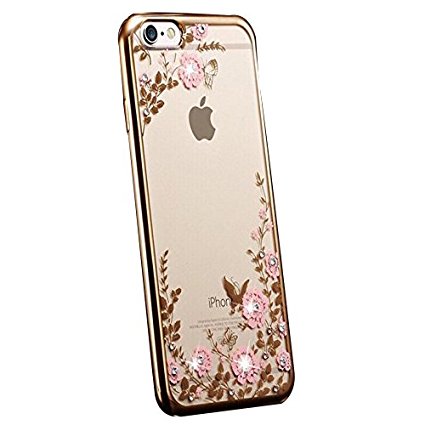iPhone 6 Case, FYee [Secret Floral Series] Slim Dual Flexible TPU Rubber Back Cover with Clear Flower Bling Glitter Stone Diamond Case for iPhone 6 / 6s 4.7 inch - Golden Edge