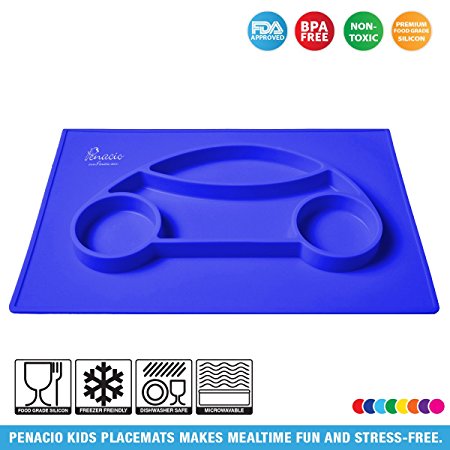 Premium Silicone Car Shaped Placement Mats By Penacio - Mealtime Placemats Suitable For Babies & Toddlers - Antibacterial & Easy To Clean Food Grade Silicone - BPA Free & FDA Approved (Blue)