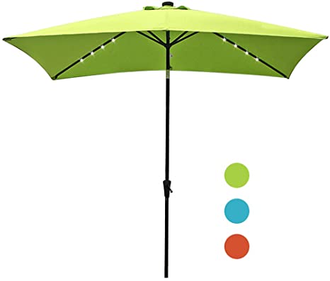 COBANA 9.8' by 6.6' Solar Powered Lighted Patio Umbrella, Outdoor Rectangle Table Market Umbrella with Push Button Tilt and Crank, Lime Green