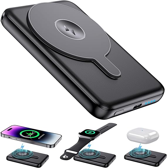 Kurdene Wireless Portable Charger, 3 in1 Magnetic Power Bank with iWatch Charger,5000mAh Mini Mag-Safe Battery Pack,PD Fast Charging for iPhone 15/14/13/12 Series, Apple Watch Ultra/8/7/6/5/4, Airpods