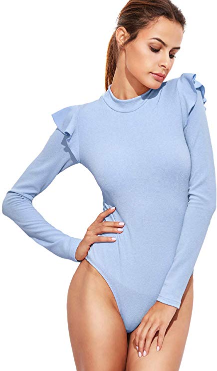 DIDK Women's Plain Round Neck Long Sleeve Ruffle Bodysuit